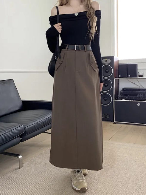 Casual Full Length Side Pocket Loose Skirts With Belt